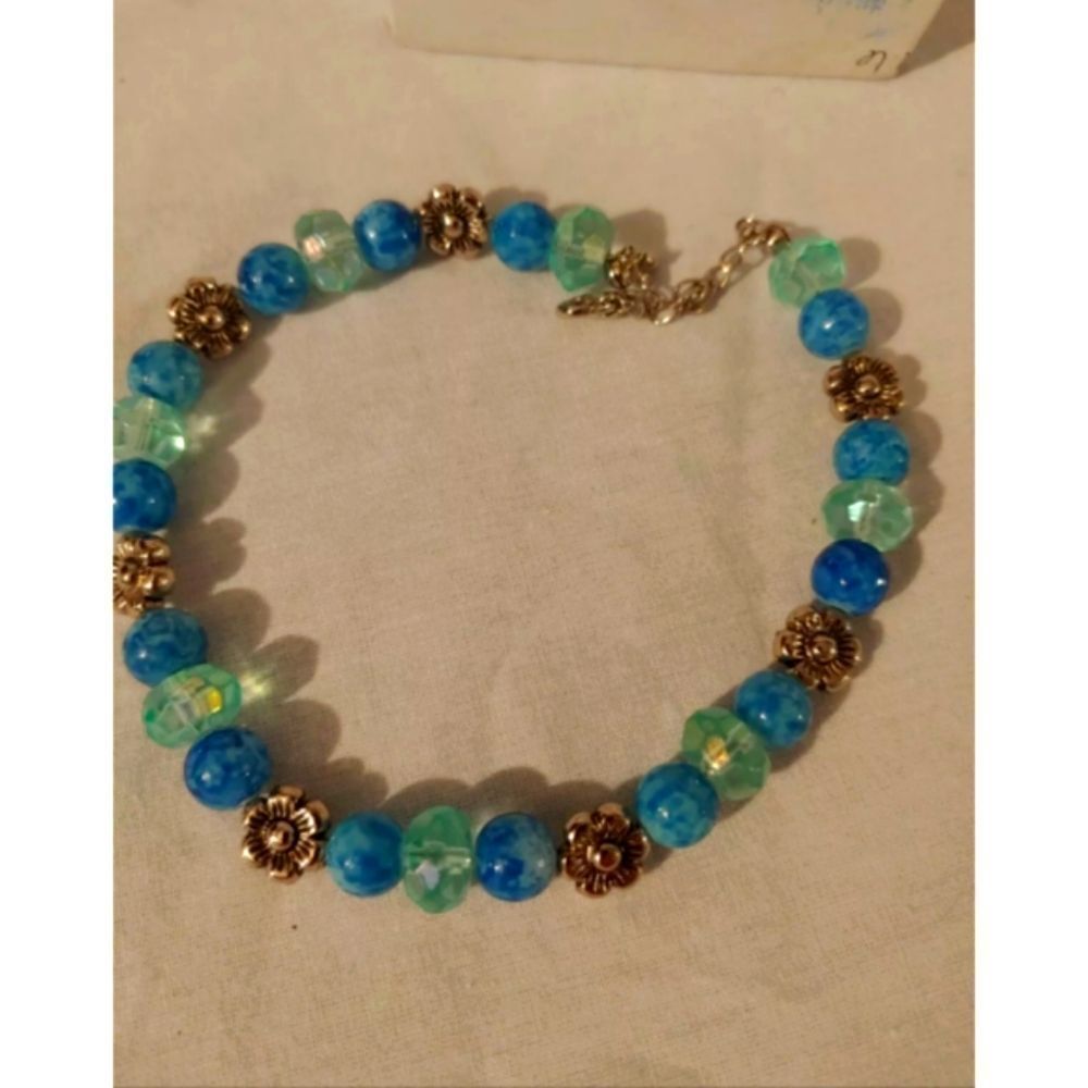 HANDMADE 9" Bracelet/Ankle Bracelet Blue Glass W/ Silver Metal Flower Spacer